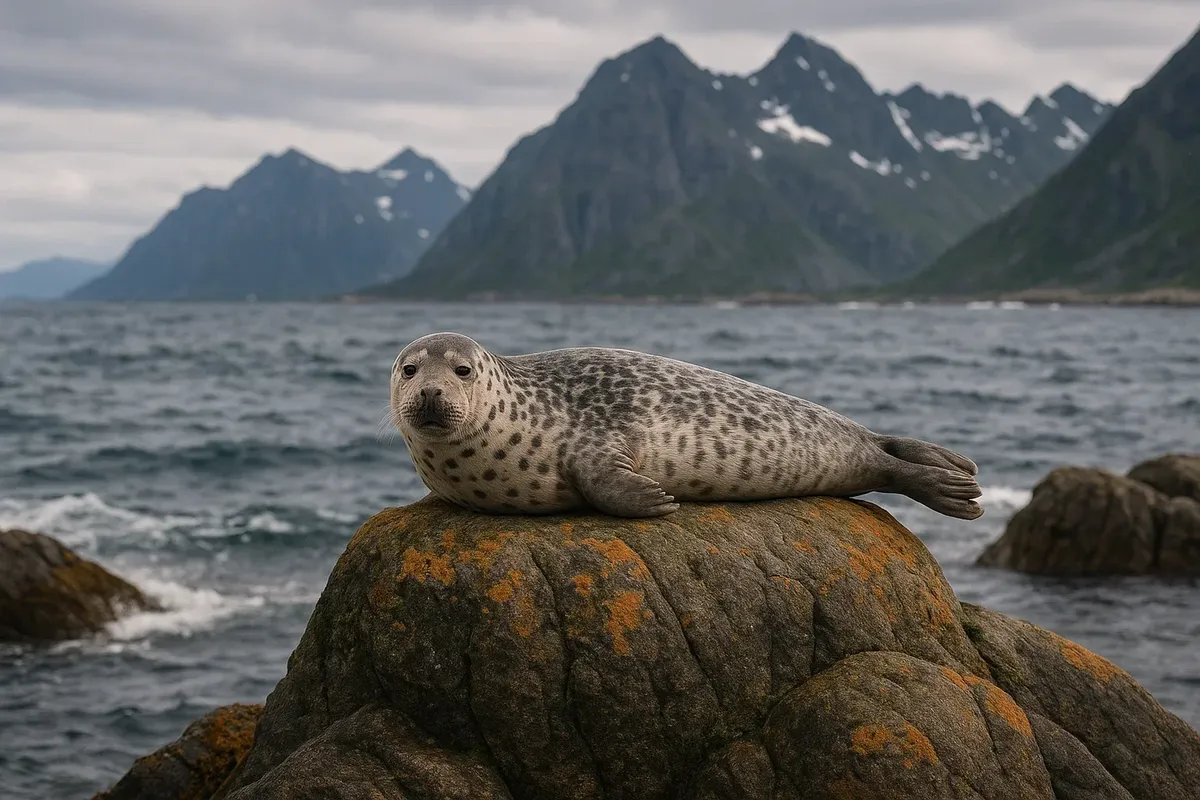Close-up of a grey seal lying on seaweed-covered rock with Arctic water in background, Vesterålen archipelago