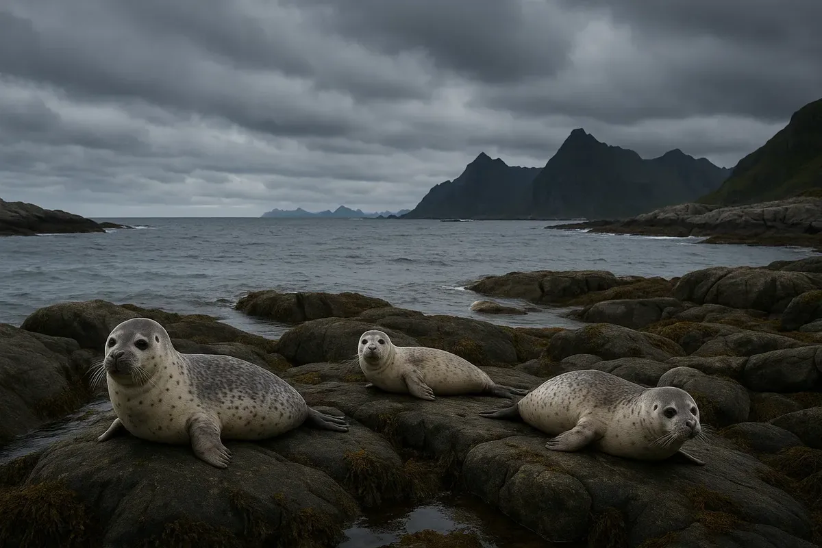 Seals resting on rocky shore in Vesterålen under cloudy sky