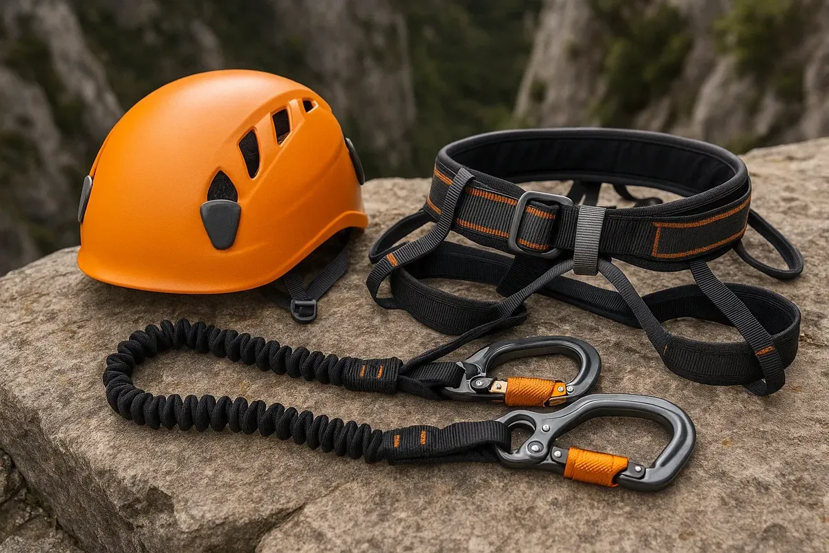 Essential via ferrata equipment set neatly placed on a rocky ledge, ready for climbing