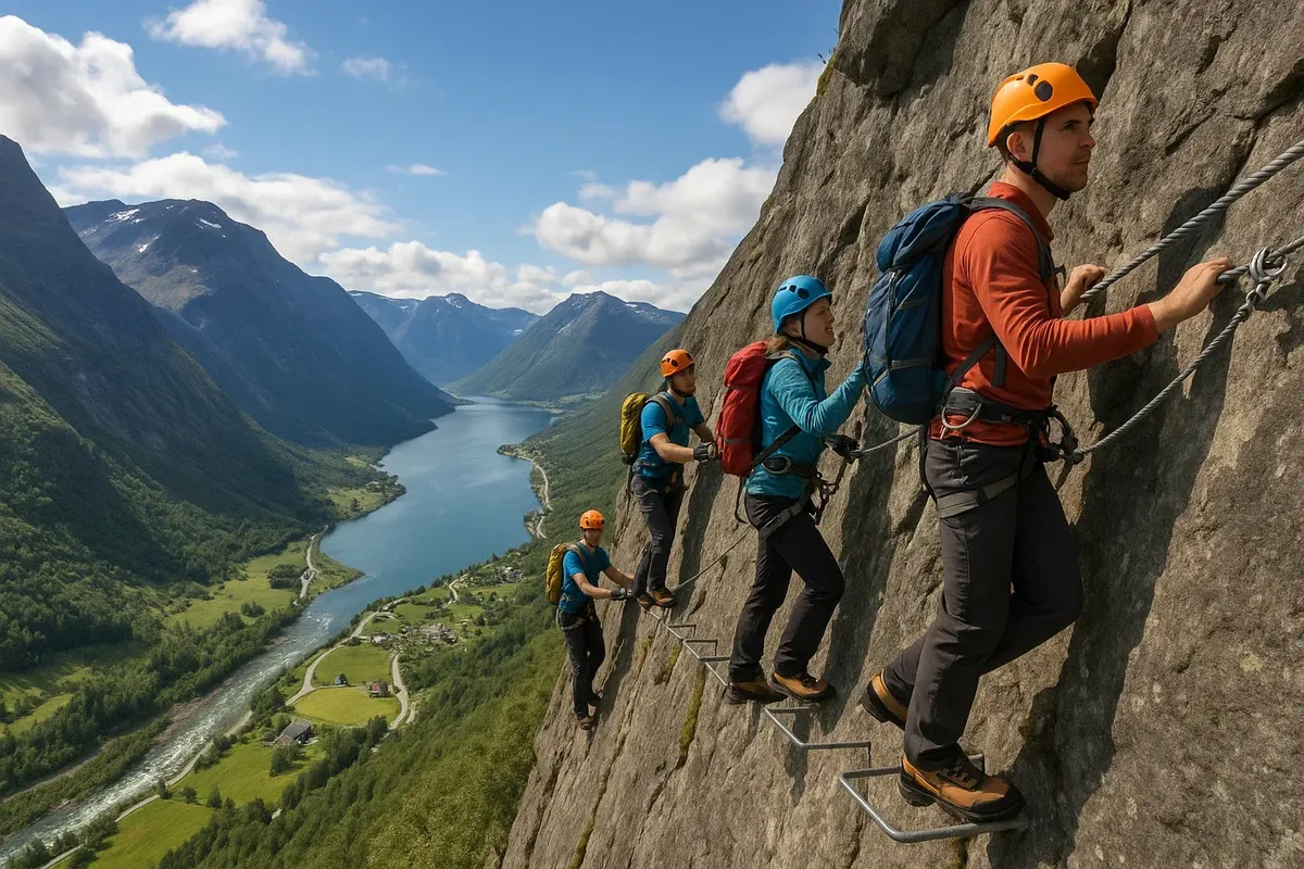 Team of climbers navigating a via ferrata route with steel rungs and cables, overlooking a dramatic Norwegian valley