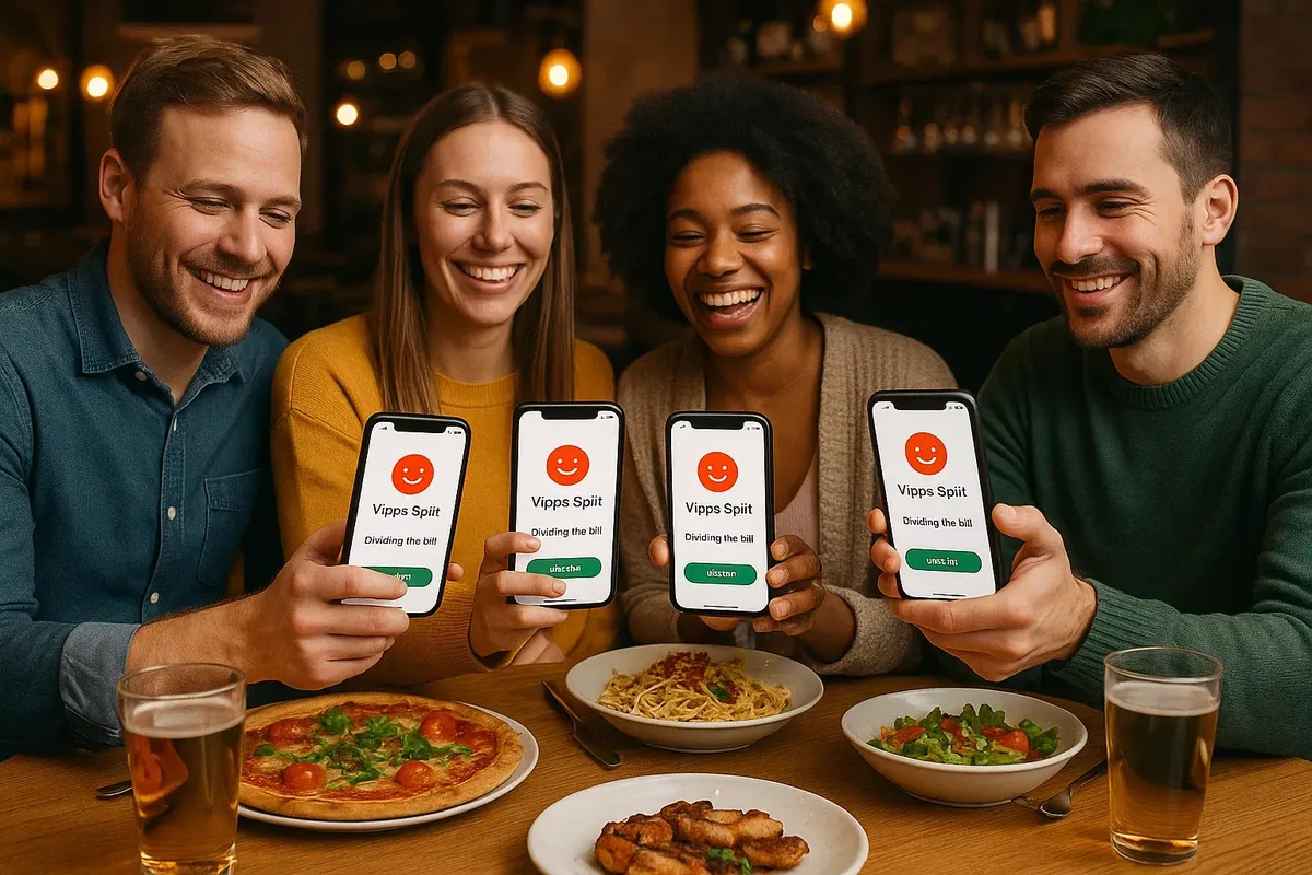 A group of friends in a Norwegian restaurant using Vipps Split on their phones to share and pay a bill.