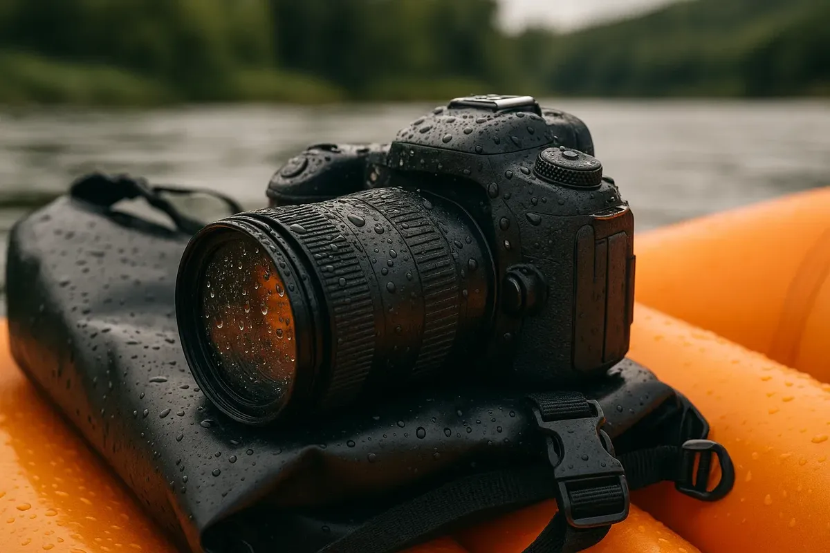 Essential waterproof camera equipment ready for action on a rafting trip