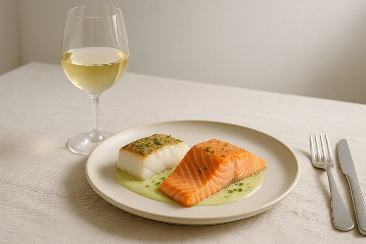 Clean Nordic pairing: white wine with salmon and cod.