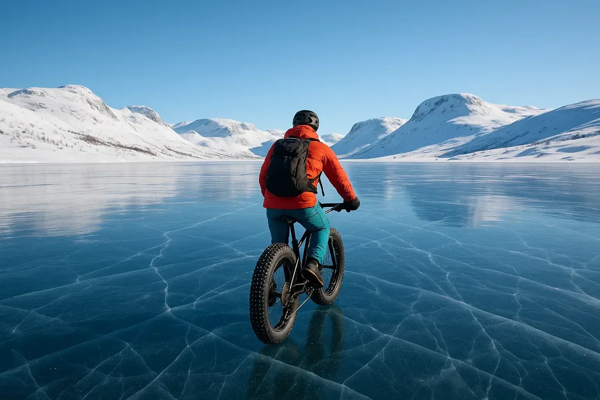 Winter fatbike adventure on frozen Hardangervidda lake with panoramic mountain backdrop