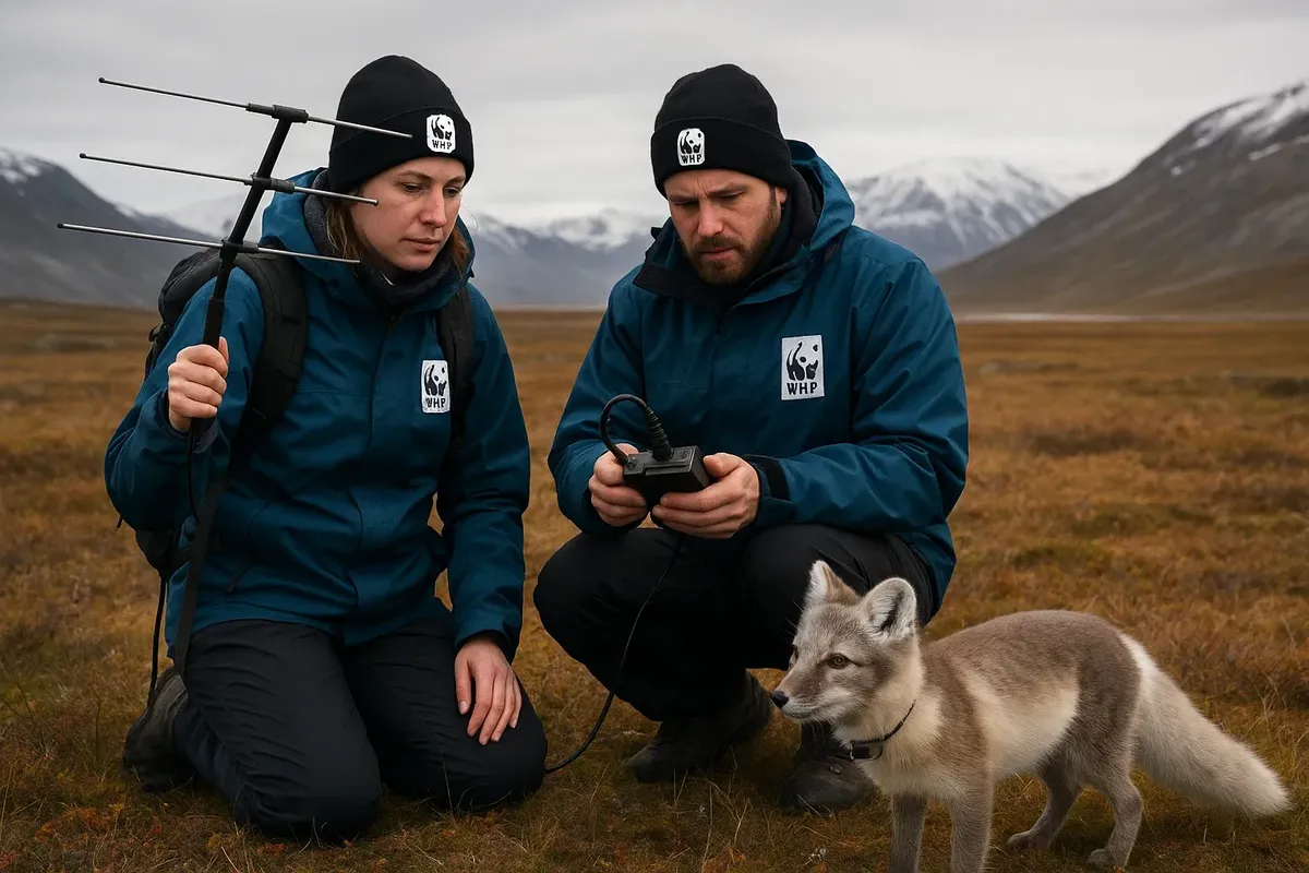 Field biologists using antenna and GPS to monitor arctic fox population